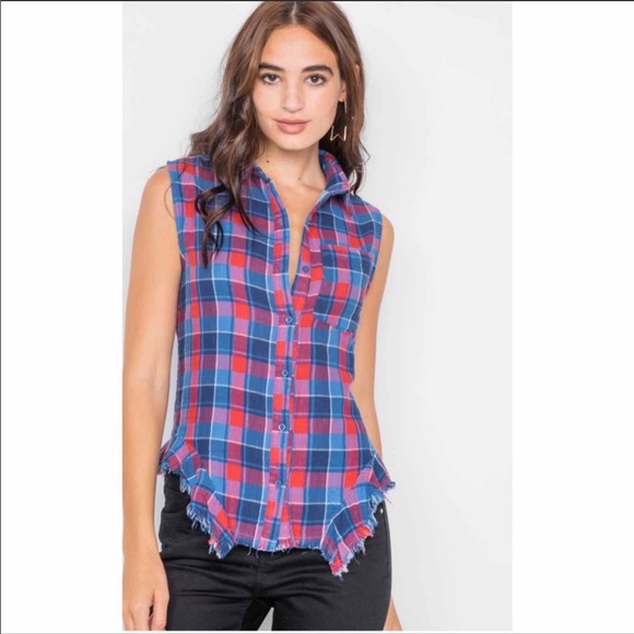 ✨💙❤️NEW❤️💙✨ Raw Edge Red and Blue Plaid Tank Top - Picture 1 of 8